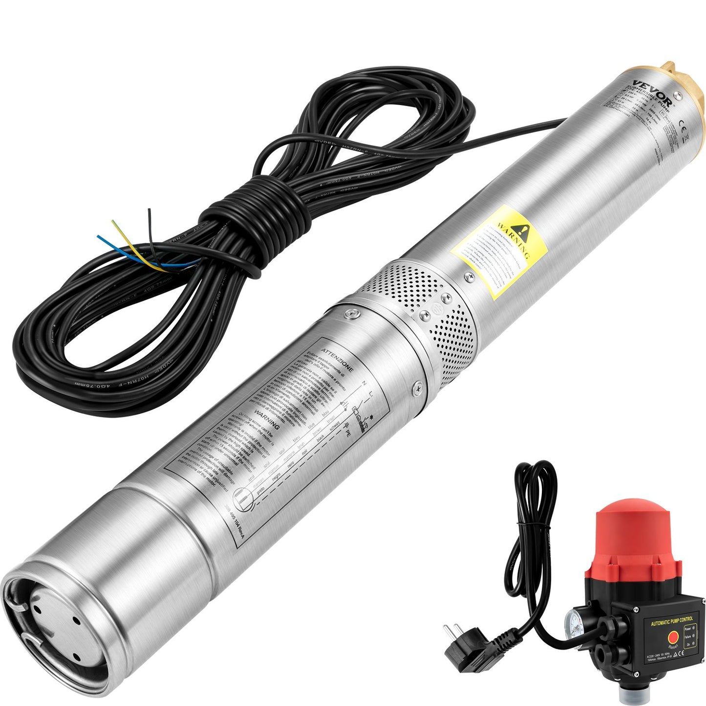 Tauchpumpe für Tiefbrunnen, 750 W, 230 V/50 Hz, 105 l/min, 62 m Förderhöhe, 20 m Kabel und automatischer Druckschalter, 8,9 cm Edelstahl-Wasserpumpen für Industrie, Bewässerung und Heimgebrauch, IP68 wasserdicht
