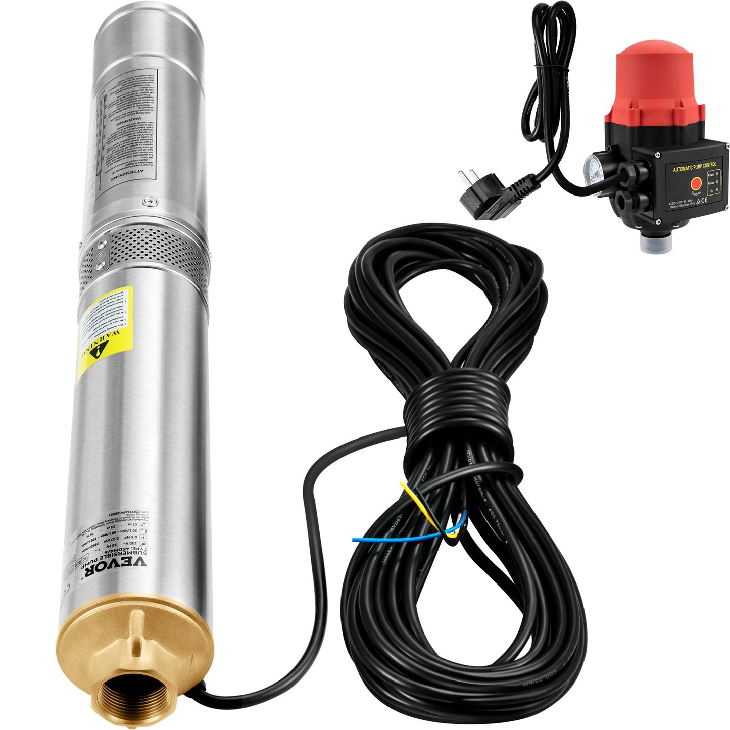 Tauchpumpe für Tiefbrunnen, 750 W, 230 V/50 Hz, 105 l/min, 62 m Förderhöhe, 20 m Kabel und automatischer Druckschalter, 8,9 cm Edelstahl-Wasserpumpen für Industrie, Bewässerung und Heimgebrauch, IP68 wasserdicht