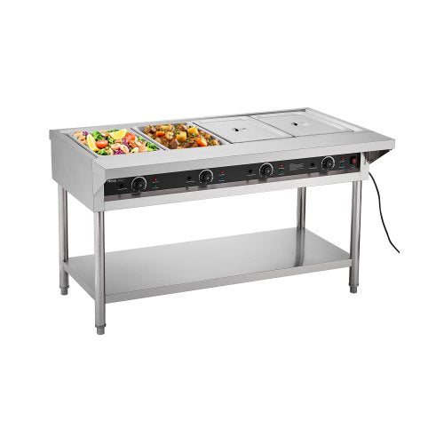 4-Pan Commercial Food Warmer, Electric Steam Table with Independent Temperature Control, 450W x 4 Stainless Steel Buffet Catering Food Warmer with Undershelf and Workspace, for Restaurant