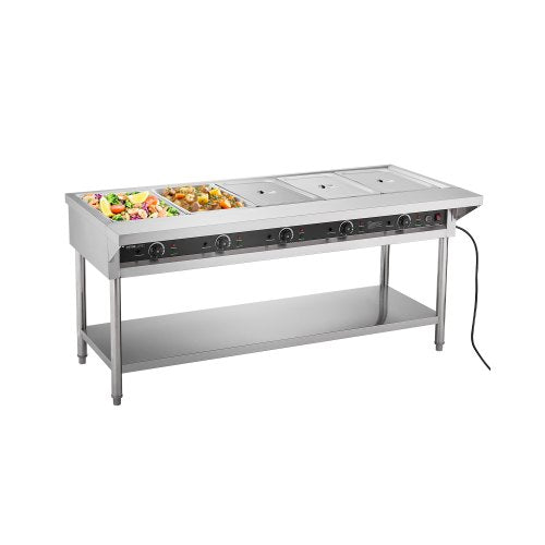 5-Pan Commercial Food Warmer, Electric Steam Table with Independent Temperature Control, 750W x 5 Stainless Steel Buffet Catering Food Warmer with Undershelf and Workspace, for Restaurant