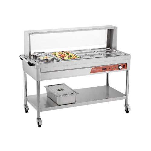 Commercial Food Warmer, 7 Pans + 2 Pots Electric Steam Table, 1800W Professional Buffet Catering Food Warmer with Shield Undershelf Wheels, Stainless Steel Server for Party Restaurant Hotel