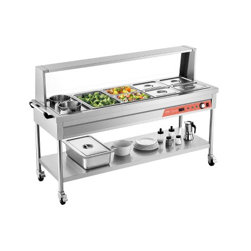 Commercial Electric Food Warmer, 7 Pans + 2 Pots Steam Table, 1800W Professional Buffet Catering Food Warmer with Shield Undershelf Wheels, Stainless Steel Server for Party Restaurant
