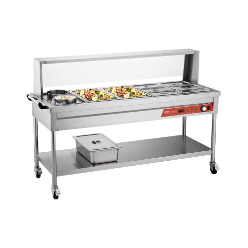 Commercial Food Warmer, 8 Pans + 2 Pots Electric Steam Table, 1800W Professional Buffet Catering Food Warmer with Shield Undershelf Wheels, Stainless Steel Server for Party Restaurant