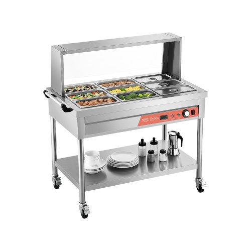 9-Pan Commercial Food Warmer, 9 x 1/3 Pans Electric Steam Table, 1500W Professional Buffet Catering Food Warmer with Shield Undershelf Wheels, Stainless Steel Server for Party Restaurant