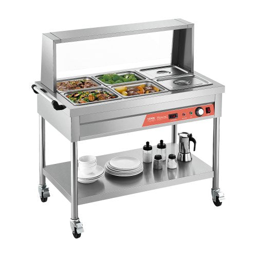 6-Pan Commercial Food Warmer, 6 x 1/2 Pans Electric Steam Table, 1500W Professional Buffet Catering Food Warmer with Shield Undershelf Wheels, Stainless Steel Server for Party Restaurant