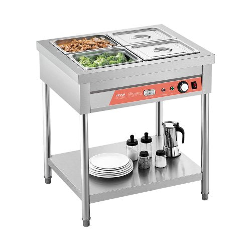 4-Pan Commercial Food Warmer, 4 x 1/2 Pans Electric Steam Table, 1500W Professional Buffet Catering Food Warmer with Undershelf, Stainless Steel Server for Restaurant Party Hotel