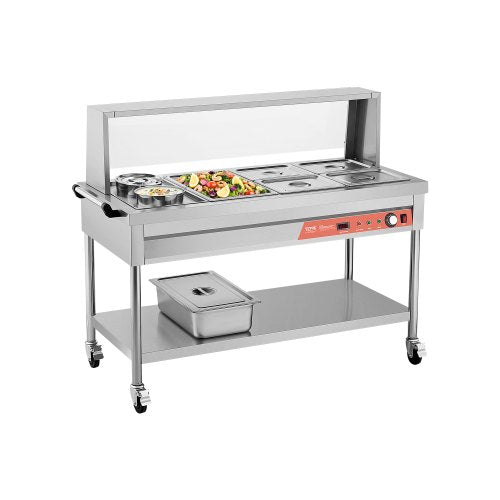 Commercial Food Warmer, 5 Pans + 2 Pots Electric Steam Table, 1800W Professional Buffet Catering Food Warmer with Shield Undershelf Wheels, Stainless Steel Server for Party Restaurant Hotel