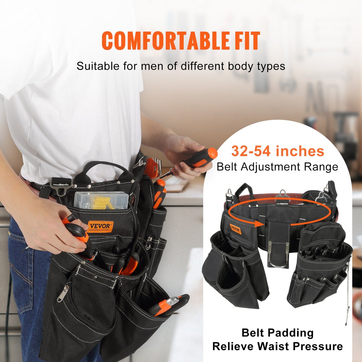 Tool Belt, 32 Pockets, Adjusts from 32 Inches to 54 Inches, Nylon Heavy Duty Tool Pouch Bag, Detachable Tool Bag for Electrician, Carpenter, Handyman, Woodworker, Construction, Framer, Black