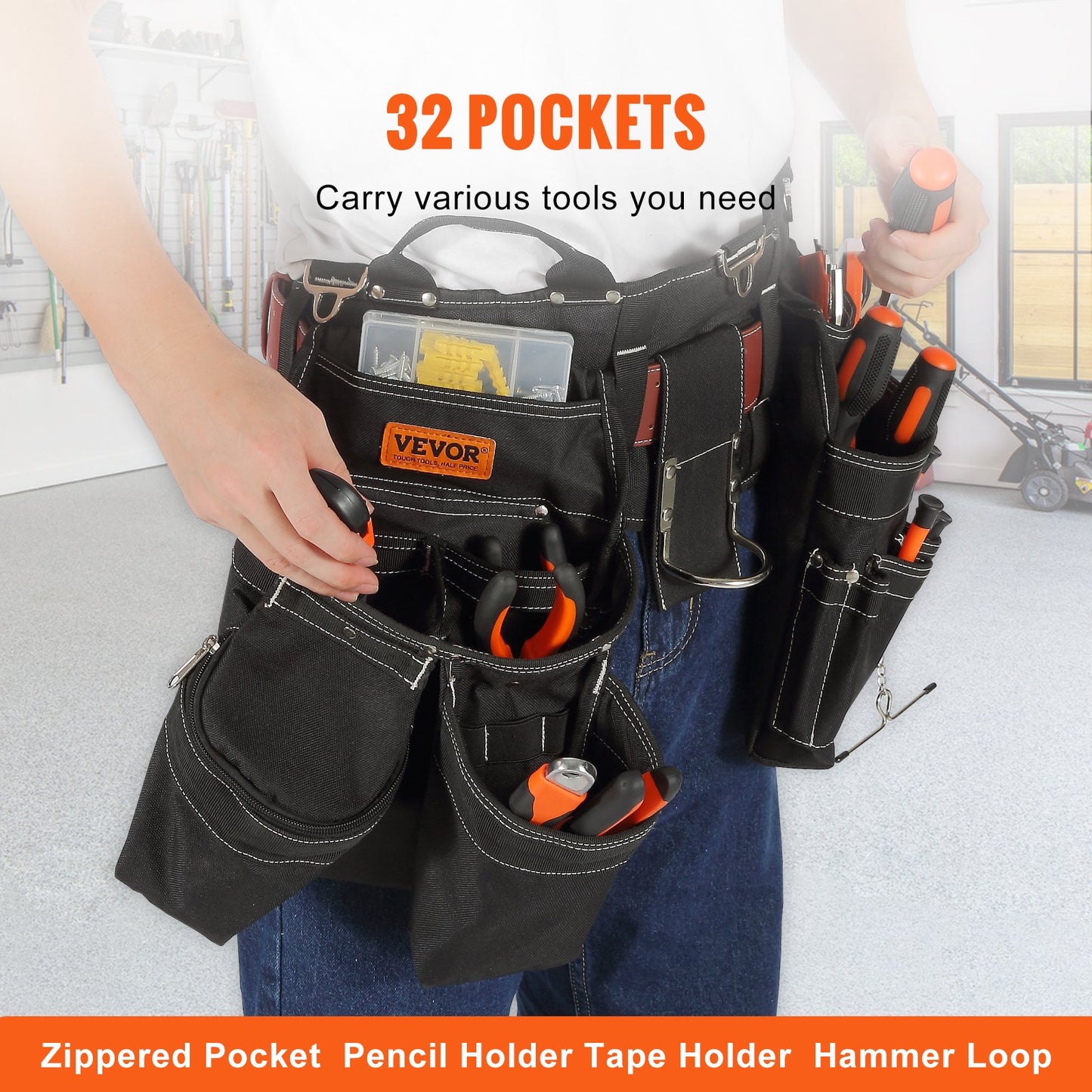 Tool Belt, 32 Pockets, Adjusts from 32 Inches to 54 Inches, Nylon Heavy Duty Tool Pouch Bag, Detachable Tool Bag for Electrician, Carpenter, Handyman, Woodworker, Construction, Framer, Black