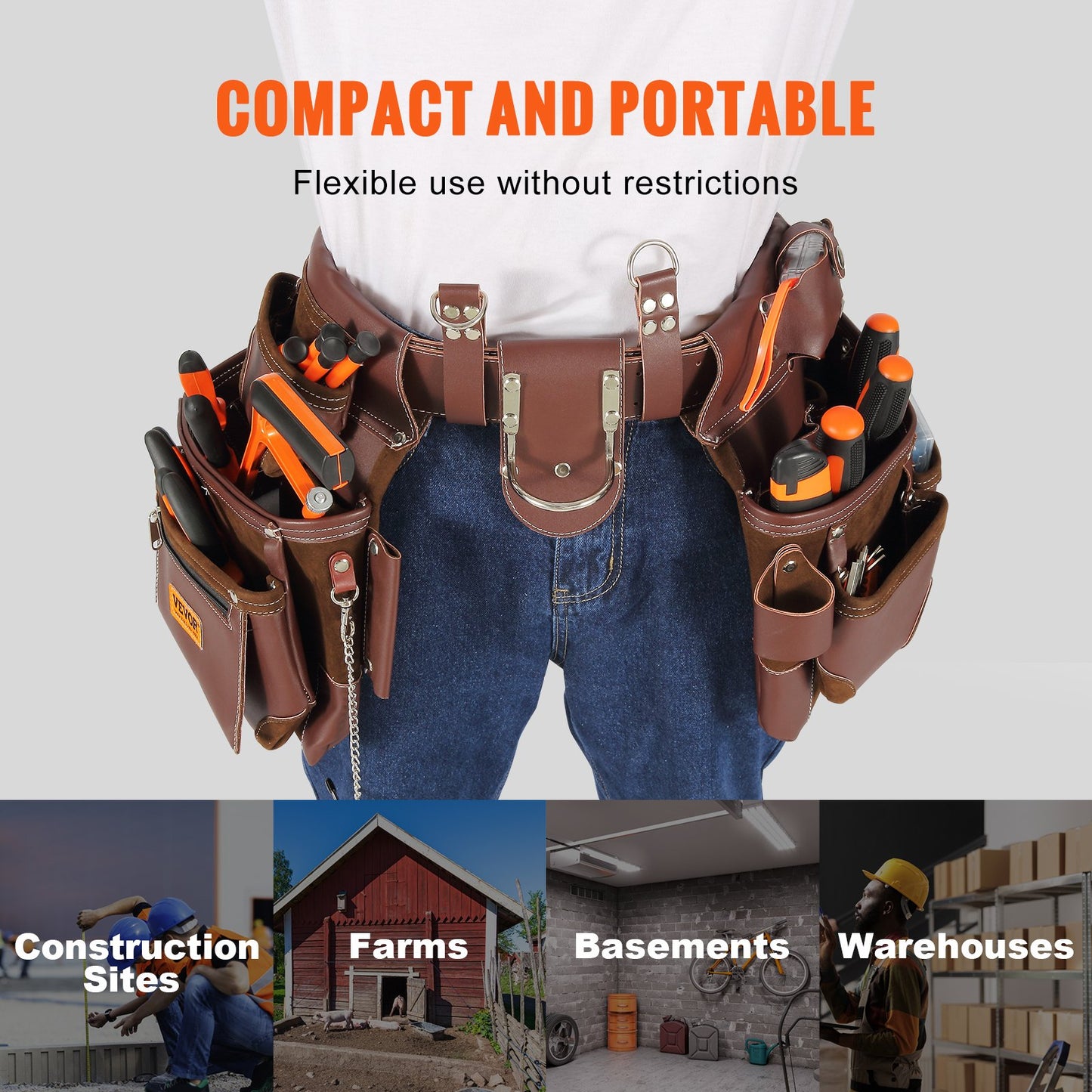 Verktygsbälte, 22 fickor, Juster från 29 tum till 54 tum, Premium PU Heavy Duty verktygsväska, löstagbar verktygsväska för elektriker, snickare, hantverkare, träarbetare, konstruktion, ramverk, brun