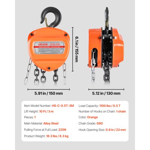 handtelfer, 1/2 ton kapacitet, manuell kedjeblock med uppgradering G80 galvaniserad kedja, 3 m lyfthöjd, kraftig remskivetelfer för garage, lager, fordonsmaskiner, orange |  EU