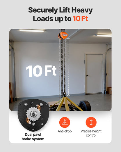 Hand Chain Hoist, 1/2 Ton 1100 lbs Capacity, Manual Chain Block with Upgrade G80 Galvanized Chain, 10 ft Lifting Height, Heavy Duty Pulley Hoist for Garage Warehouse Automotive Machinery, Orange
