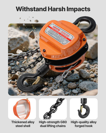 Hand Chain Hoist, 1/2 Ton 1100 lbs Capacity, Manual Chain Block with Upgrade G80 Galvanized Chain, 10 ft Lifting Height, Heavy Duty Pulley Hoist for Garage Warehouse Automotive Machinery, Orange
