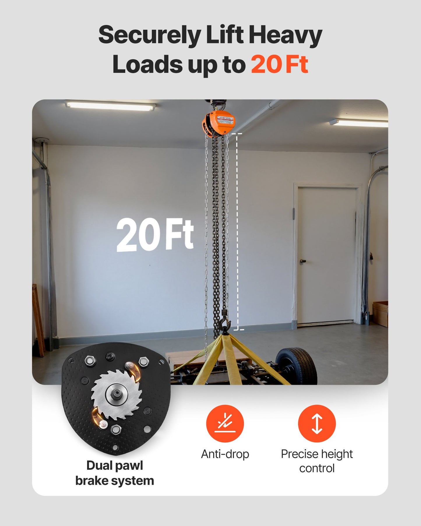 Hand Chain Hoist, 1 Ton 2200 lbs Capacity, Manual Chain Block with Upgrade G80 Galvanized Chain, 20 ft Lifting Height, Heavy Duty Pulley Hoist for Garage Warehouse Automotive Machinery, Orange