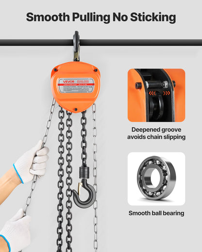 Hand Chain Hoist, 1 Ton 2200 lbs Capacity, Manual Chain Block with Upgrade G80 Galvanized Chain, 20 ft Lifting Height, Heavy Duty Pulley Hoist for Garage Warehouse Automotive Machinery, Orange