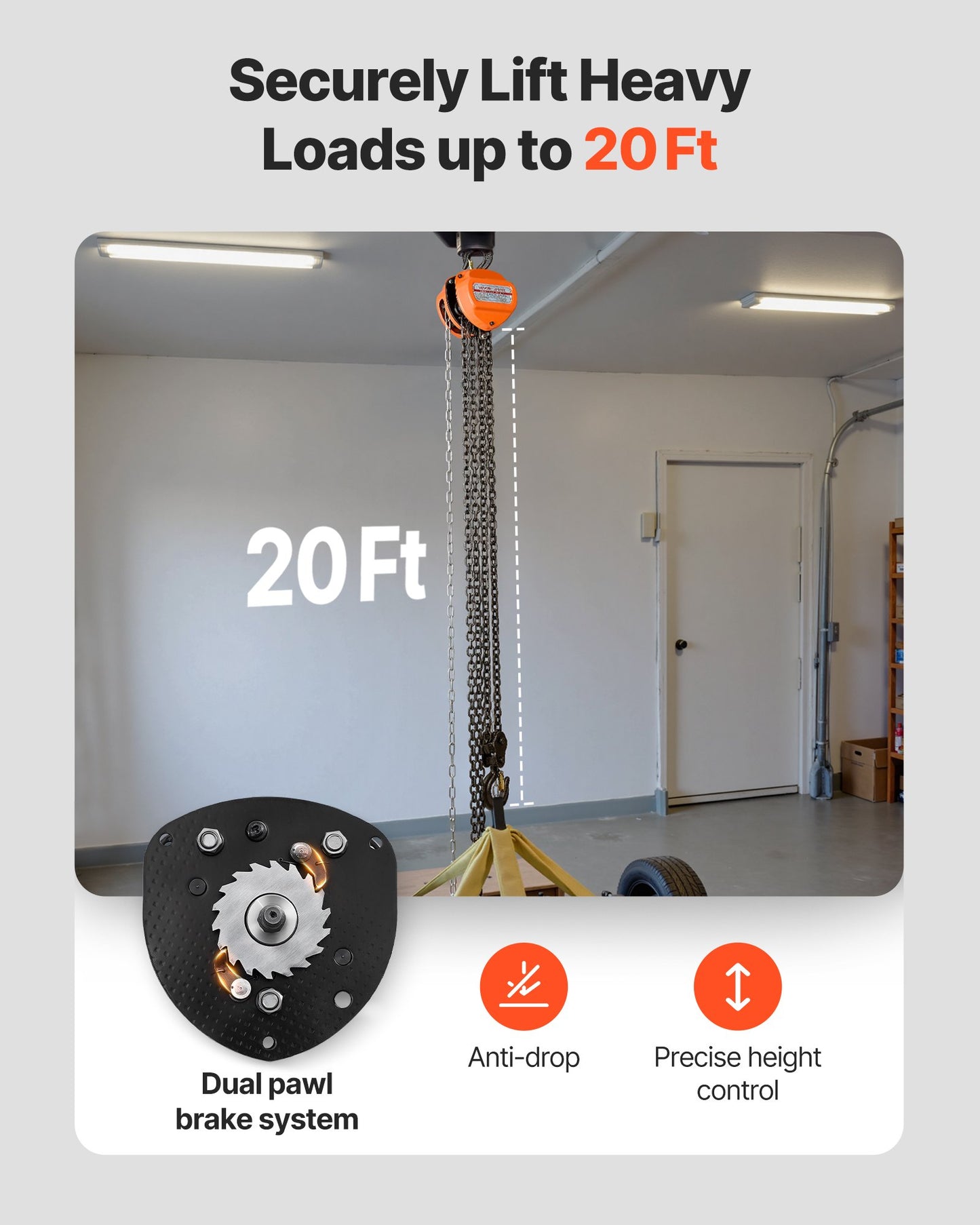 Hand Chain Hoist, 2 Ton 4400 lbs Capacity, Manual Chain Block with Upgrade G80 Galvanized Chain, 20 ft Lifting Height, Heavy Duty Pulley Hoist for Garage Warehouse Automotive Machinery, Orange