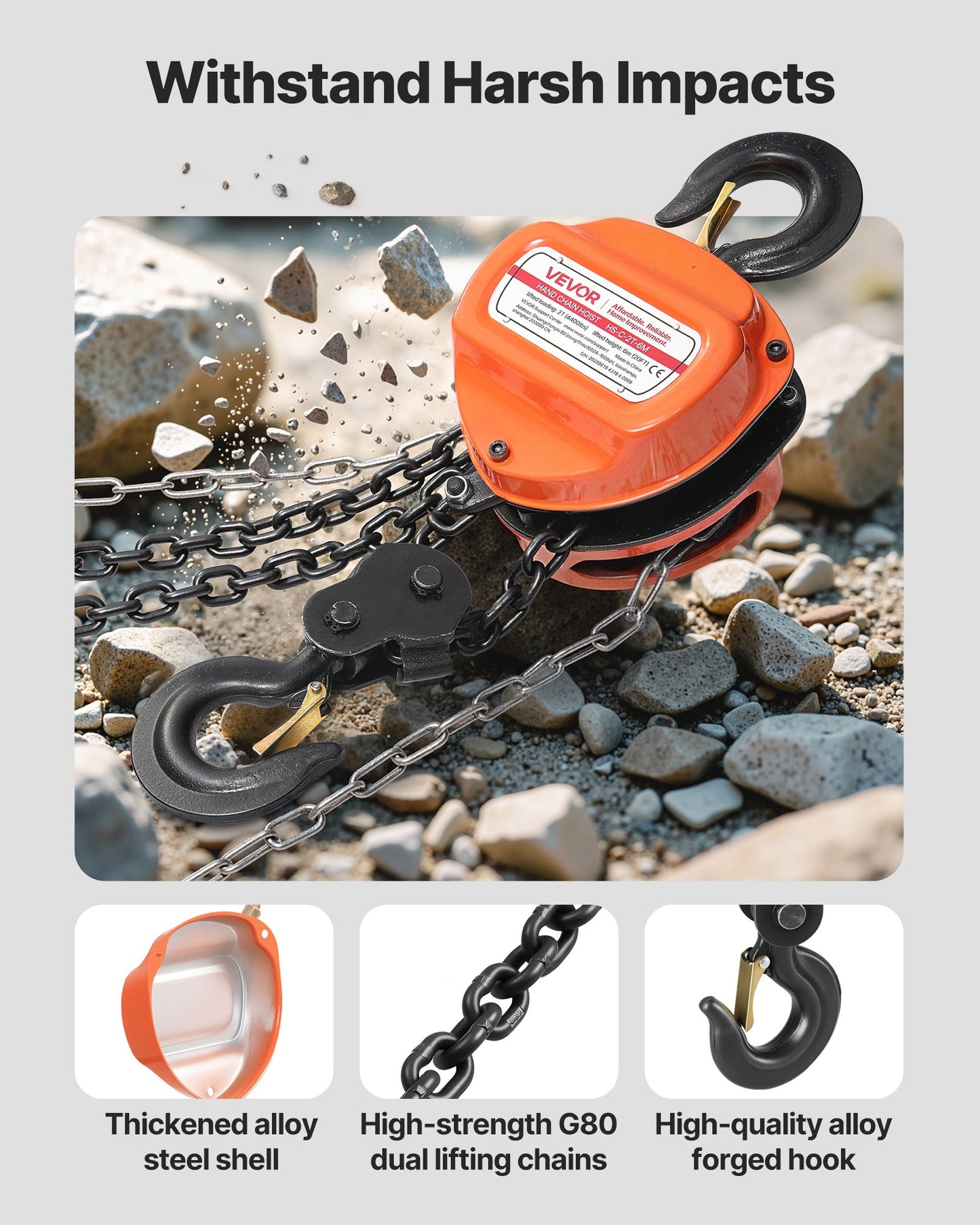 Hand Chain Hoist, 2 Ton 4400 lbs Capacity, Manual Chain Block with Upgrade G80 Galvanized Chain, 20 ft Lifting Height, Heavy Duty Pulley Hoist for Garage Warehouse Automotive Machinery, Orange