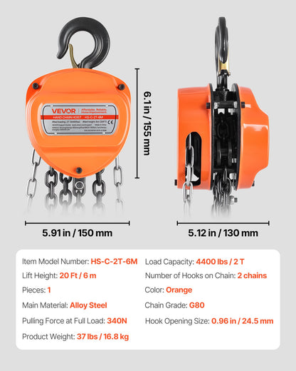 Hand Chain Hoist, 2 Ton 4400 lbs Capacity, Manual Chain Block with Upgrade G80 Galvanized Chain, 20 ft Lifting Height, Heavy Duty Pulley Hoist for Garage Warehouse Automotive Machinery, Orange