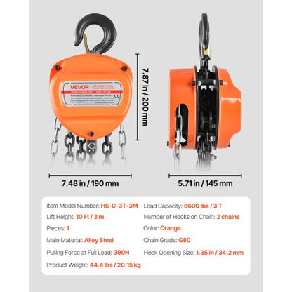 handtelfer, 3 tons kapacitet, manuell kedjeblock med uppgradering G80 galvaniserad kedja, 3 m lyfthöjd, kraftig remskivetelfer för garage, lager, fordonsmaskiner, orange |  EU