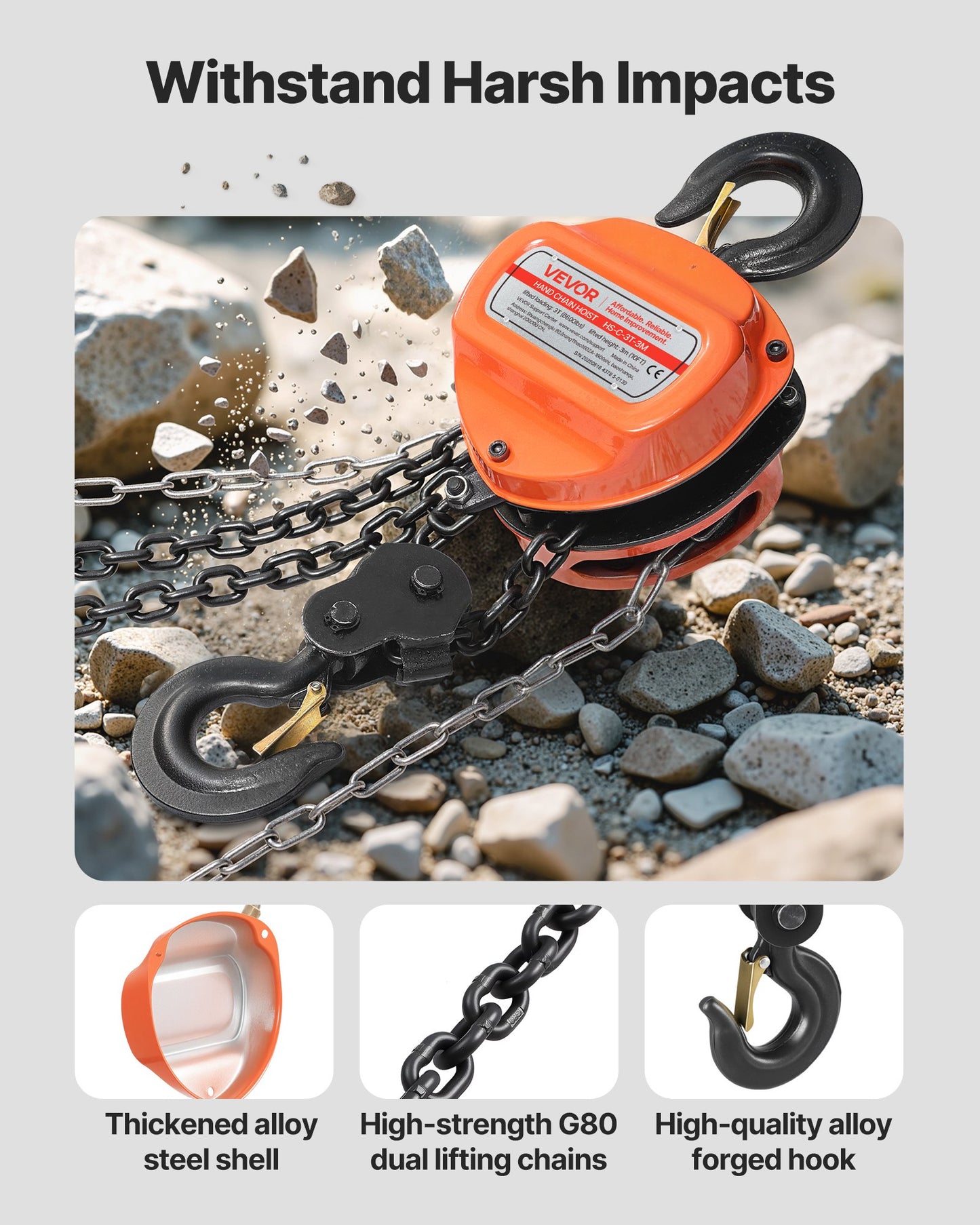 Hand Chain Hoist, 3 Ton 6600 lbs Capacity, Manual Chain Block with Upgrade G80 Galvanized Chain, 10 ft Lifting Height, Heavy Duty Pulley Hoist for Garage Warehouse Automotive Machinery, Orange