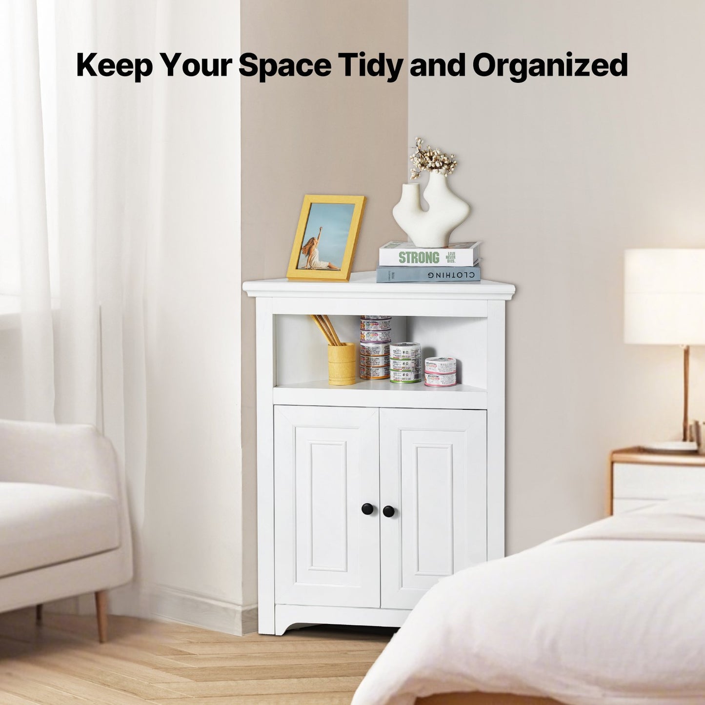 Eckschrank mit 2 Holztüren und verstellbaren Regalen, 81,3 cm, Weiß