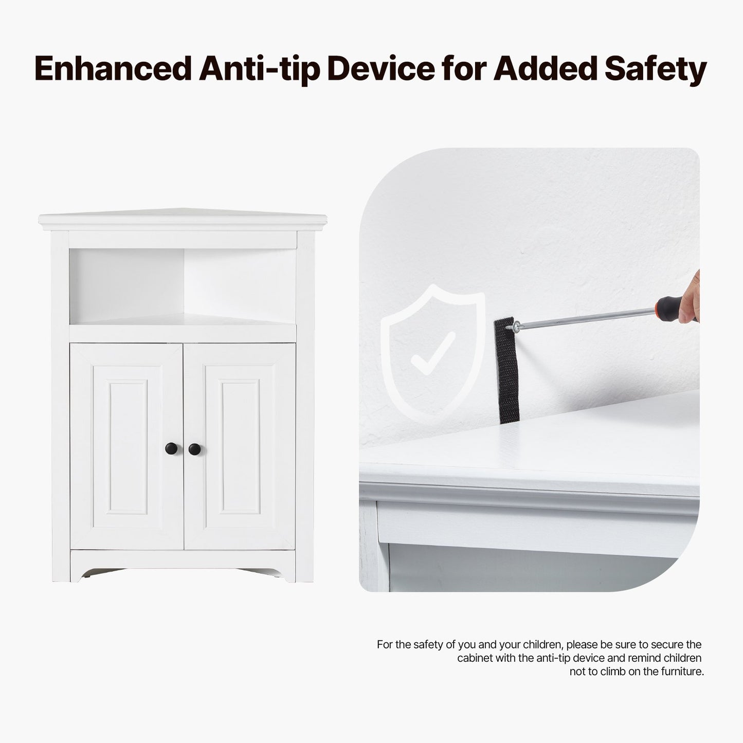 Eckschrank mit 2 Holztüren und verstellbaren Regalen, 81,3 cm, Weiß