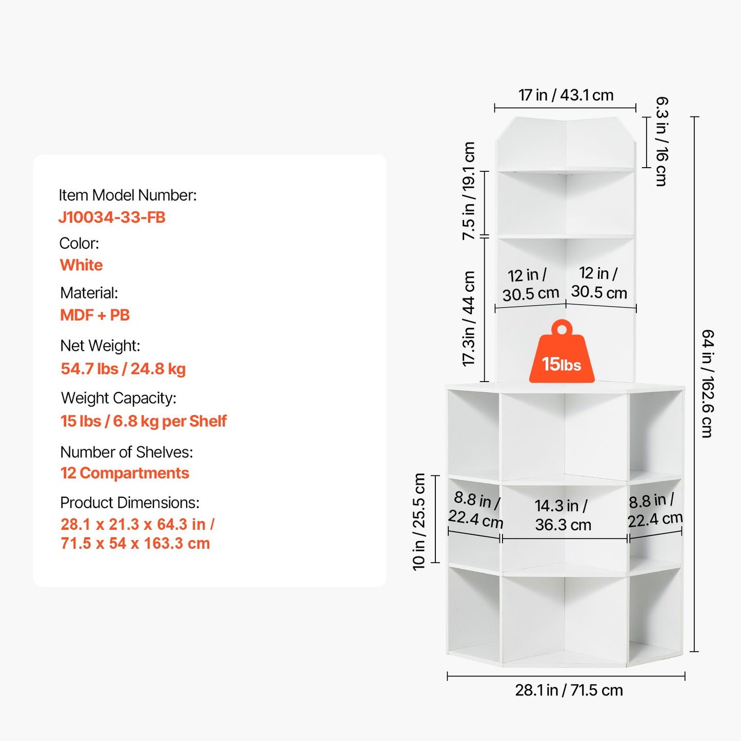 64" Tall Corner Storage Cabinet, 6 Tiers Wooden Storage Cabinet with USB Ports and Outlets & Adjustable Shelves, Freestanding Corner Cabinet for Living Room, Kitchen, Laundry Room, White