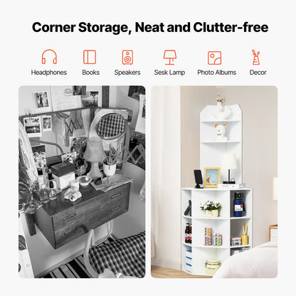 64" Corner Storage Cabinet with Charging Station Adjustable Shelves White