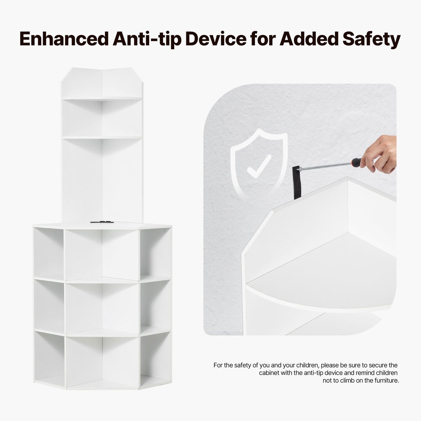 64" Corner Storage Cabinet with Charging Station Adjustable Shelves White