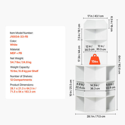 64" Corner Storage Cabinet with Charging Station Adjustable Shelves White