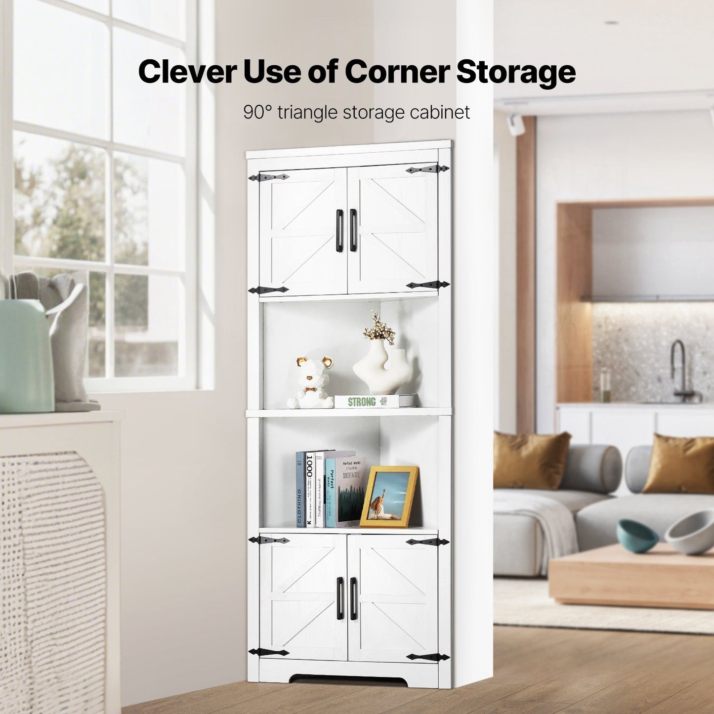 68" Corner Storage Cabinet with 4 Wooden Doors and Adjustable Shelves White