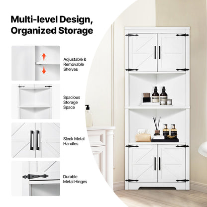 68" Corner Storage Cabinet with 4 Wooden Doors and Adjustable Shelves White