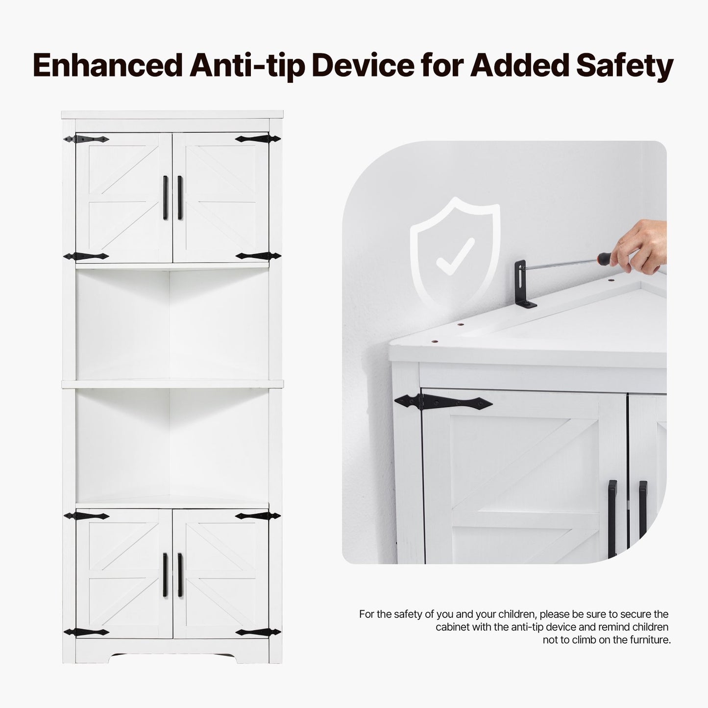 68" Corner Storage Cabinet with 4 Wooden Doors and Adjustable Shelves White