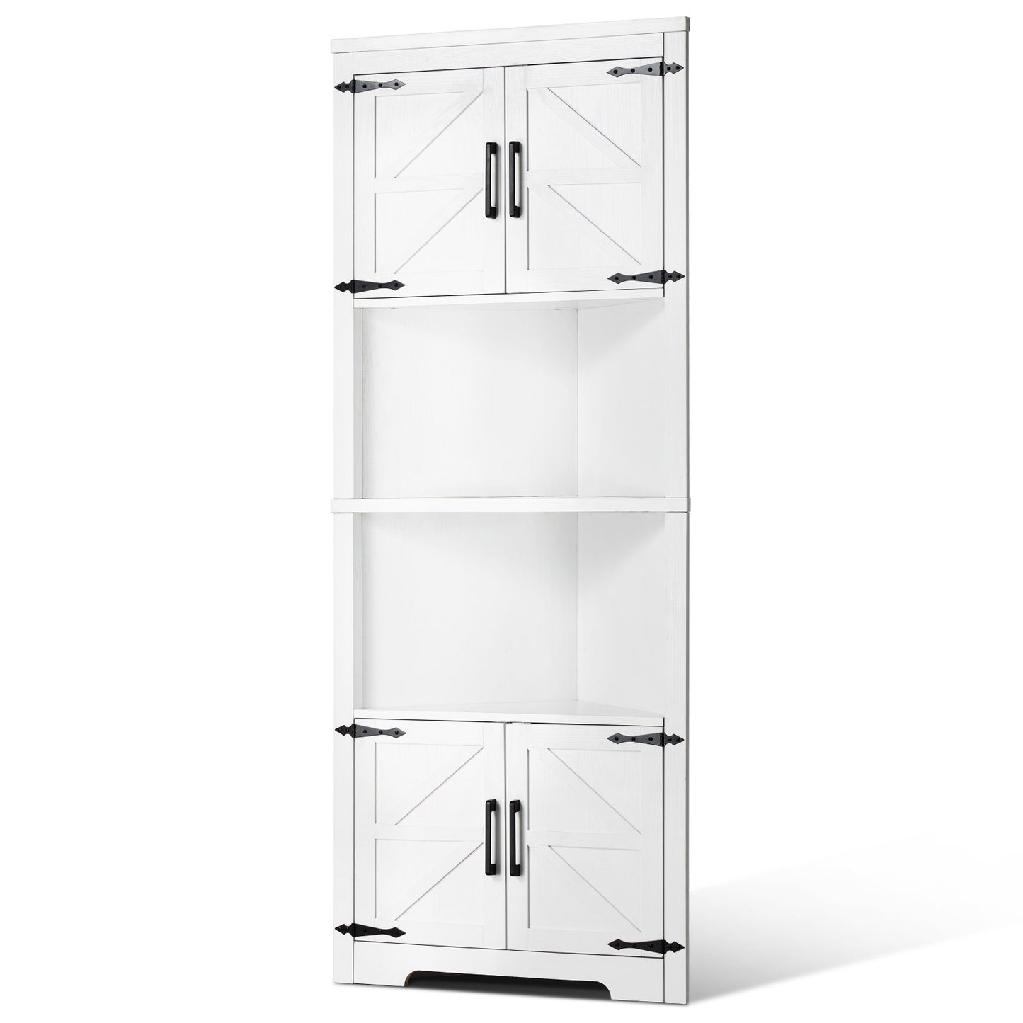 68" Corner Storage Cabinet with 4 Wooden Doors and Adjustable Shelves White