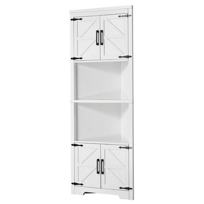 68" Corner Storage Cabinet with 4 Wooden Doors and Adjustable Shelves White