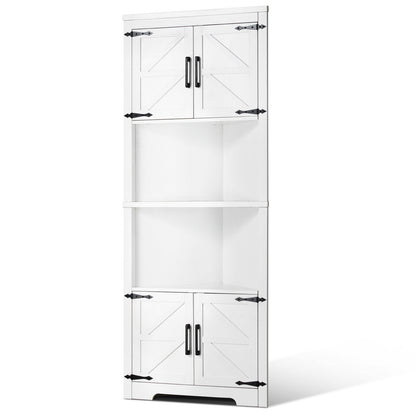 68" Corner Storage Cabinet with 4 Wooden Doors and Adjustable Shelves White