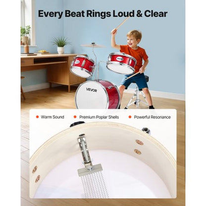 Barntrumset 3-delat Junior Musikaltrumset med 14-tums bastrumma (Röd)