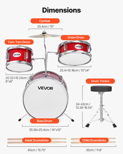Kids Drum Set, 3-Piece 14 in Junior Drum Sets, Beginner Drums Set with Adjustable Throne, Cymbal & Two Pairs of Drumsticks, Musical Learning Drums Instruments Kit, for Children Ages 6-13 (Red)