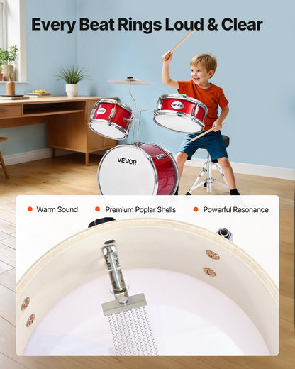 Kids Drum Set, 3-Piece 14 in Junior Drum Sets, Beginner Drums Set with Adjustable Throne, Cymbal & Two Pairs of Drumsticks, Musical Learning Drums Instruments Kit, for Children Ages 6-13 (Red)