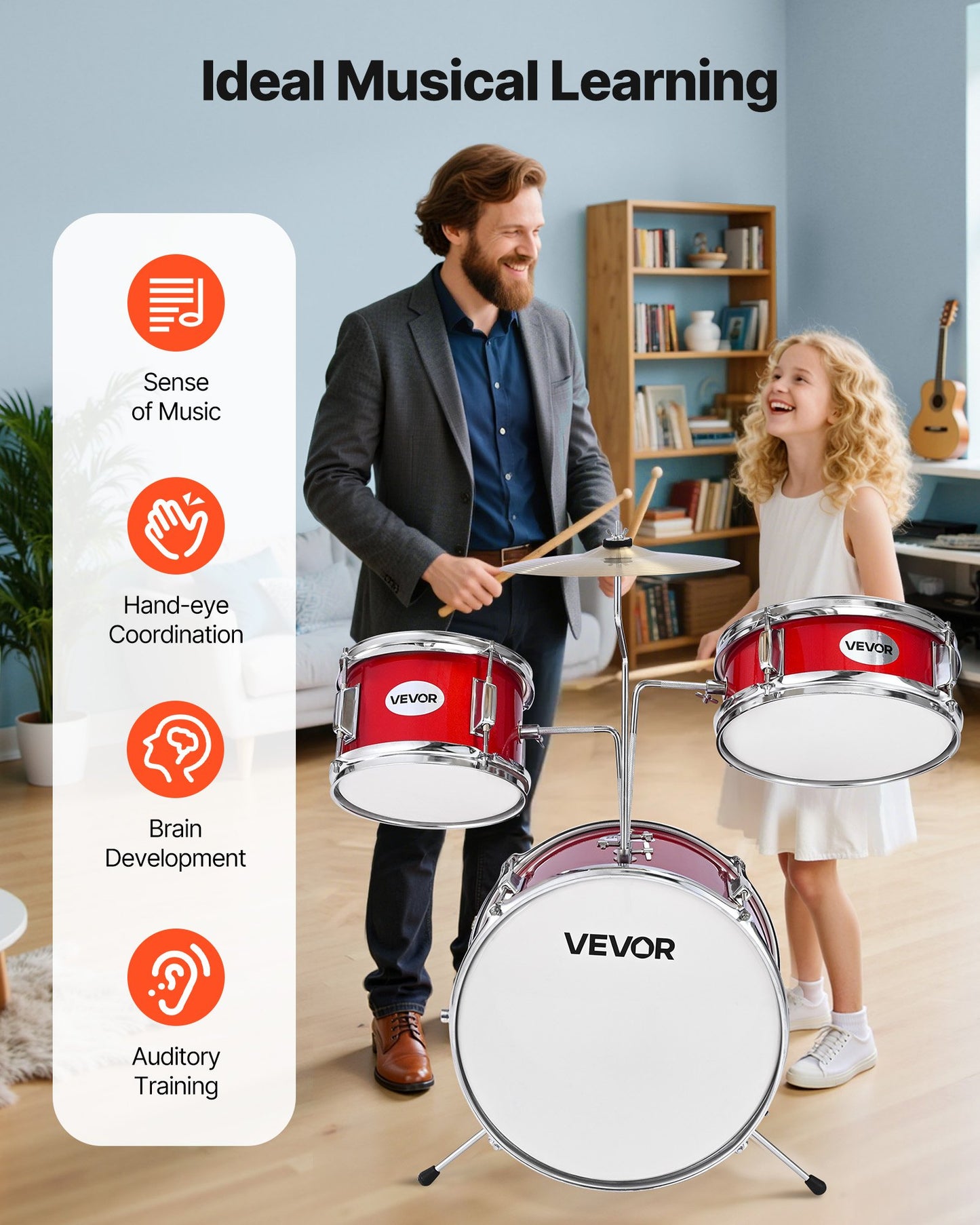 Kids Drum Set, 3-Piece 14 in Junior Drum Sets, Beginner Drums Set with Adjustable Throne, Cymbal & Two Pairs of Drumsticks, Musical Learning Drums Instruments Kit, for Children Ages 6-13 (Red)
