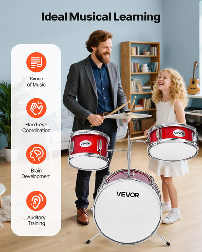 Kids Drum Set, 3-Piece 14 in Junior Drum Sets, Beginner Drums Set with Adjustable Throne, Cymbal & Two Pairs of Drumsticks, Musical Learning Drums Instruments Kit, for Children Ages 6-13 (Red)