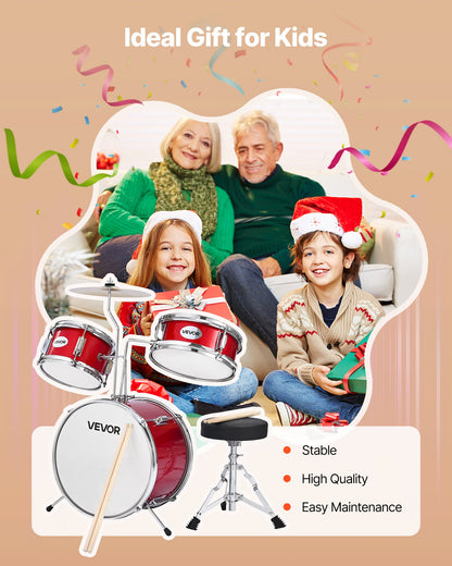 Kids Drum Set, 3-Piece 14 in Junior Drum Sets, Beginner Drums Set with Adjustable Throne, Cymbal & Two Pairs of Drumsticks, Musical Learning Drums Instruments Kit, for Children Ages 6-13 (Red)
