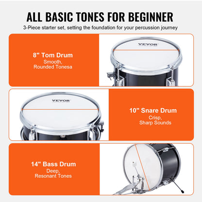 Kids Drum Set, 3-Piece, 14 in Beginner Drum Set with Adjustable Throne Cymbal Pedal Two Pairs of Drumsticks, 8'' Tom Drum 10'' Snare Drum 14'' Bass Drum, Starter Drum Kit for Child Kids, Black