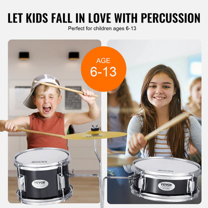 Kids Drum Set, 3-Piece, 14 in Beginner Drum Set with Adjustable Throne Cymbal Pedal Two Pairs of Drumsticks, 8'' Tom Drum 10'' Snare Drum 14'' Bass Drum, Starter Drum Kit for Child Kids, Black