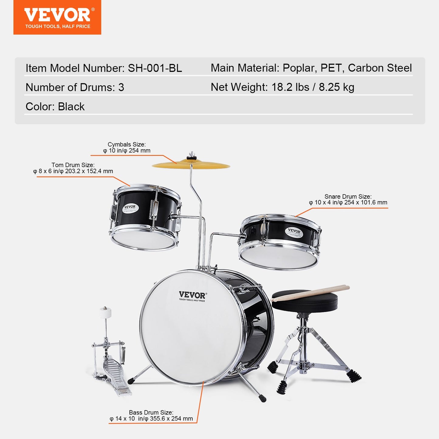 Kids Drum Set, 3-Piece, 14 in Beginner Drum Set with Adjustable Throne Cymbal Pedal Two Pairs of Drumsticks, 8'' Tom Drum 10'' Snare Drum 14'' Bass Drum, Starter Drum Kit for Child Kids, Black
