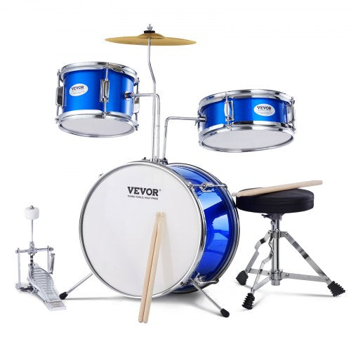 Kids Drum Set, 3-Piece, 14 in Beginner Drum Set with Adjustable Throne Cymbal Pedal Two Pairs of Drumsticks, 8'' Tom Drum 10'' Snare Drum 14'' Bass Drum, Starter Drum Kit for Child Kids, Blue