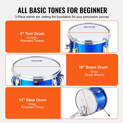 Kids Drum Set, 3-Piece, 14 in Beginner Drum Set with Adjustable Throne Cymbal Pedal Two Pairs of Drumsticks, 8'' Tom Drum 10'' Snare Drum 14'' Bass Drum, Starter Drum Kit for Child Kids, Blue
