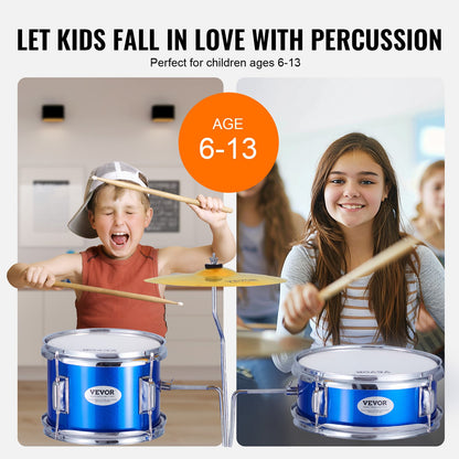 Kids Drum Set, 3-Piece, 14 in Beginner Drum Set with Adjustable Throne Cymbal Pedal Two Pairs of Drumsticks, 8'' Tom Drum 10'' Snare Drum 14'' Bass Drum, Starter Drum Kit for Child Kids, Blue