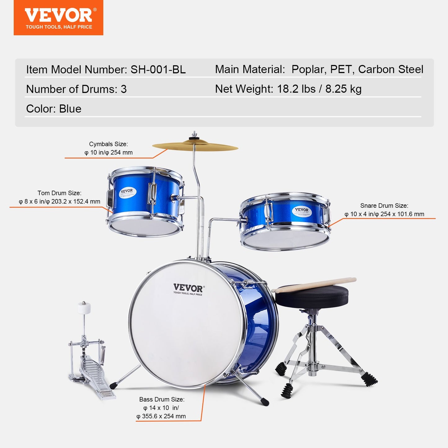 Kids Drum Set, 3-Piece, 14 in Beginner Drum Set with Adjustable Throne Cymbal Pedal Two Pairs of Drumsticks, 8'' Tom Drum 10'' Snare Drum 14'' Bass Drum, Starter Drum Kit for Child Kids, Blue
