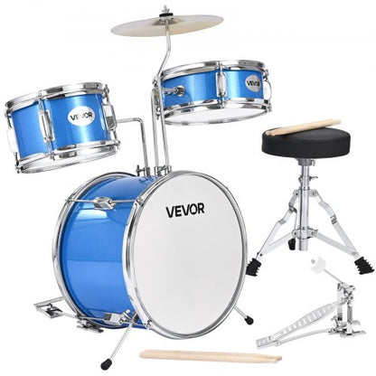 Kids Drum Set, 3-Piece 14 in Junior Drum Sets, Beginner Drums Set with Adjustable Throne, Cymbal & Two Pairs of Drumsticks, Musical Learning Drums Instruments Kit, for Children Ages 6-13 (Blue)